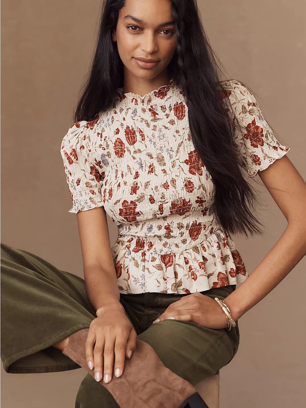 Reformation Aggie Puff-Sleeve Smocked Peplum Top